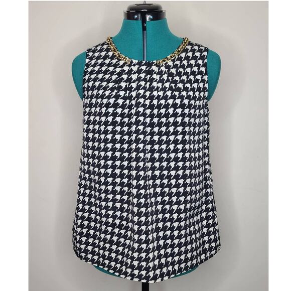 Covington Tops - Covington black white houndstooth blouse with gold necklace neckline - small